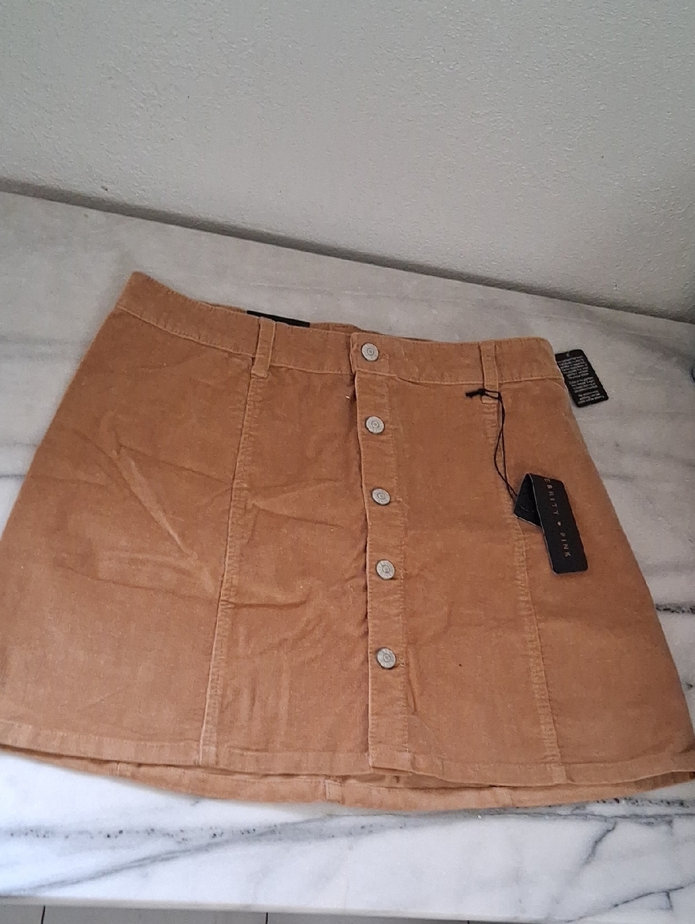 Celebrity Pink Button-Front Corduroy Mini Skirt in Camel